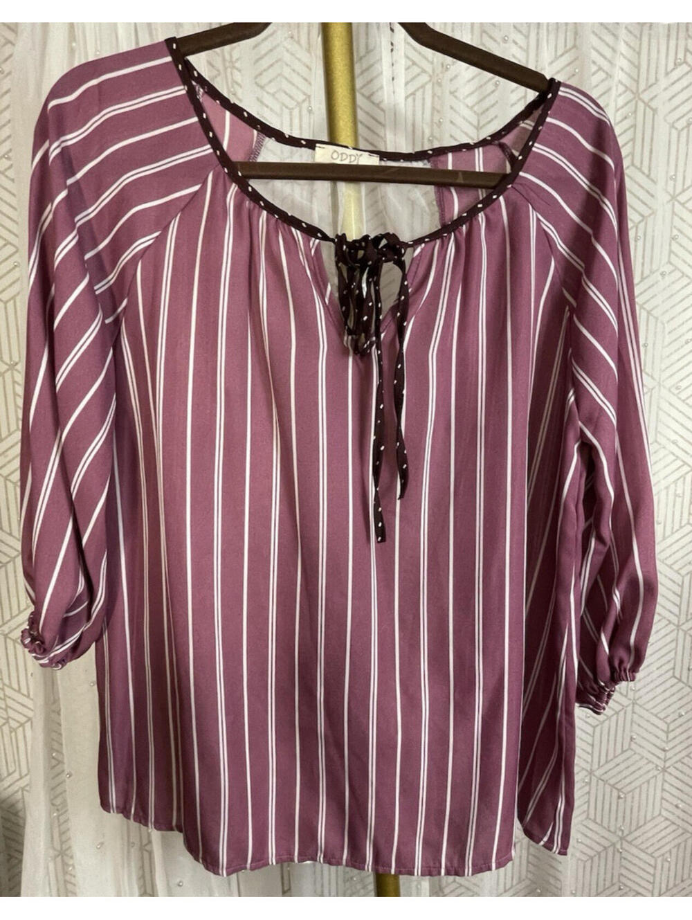 NWOT Oddy Women's Top Magenta Stripe Lace Back Boho Peasant Blouse Boat Neck M